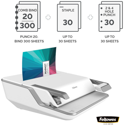 Aparat indosariat 3 in 1, Fellowes Lyra, cu inele din plastic, diametru maxim spirala 38 mm, capacitate indosariere 300 foi, perforare 20 coli, pentru birou si acasa [2]