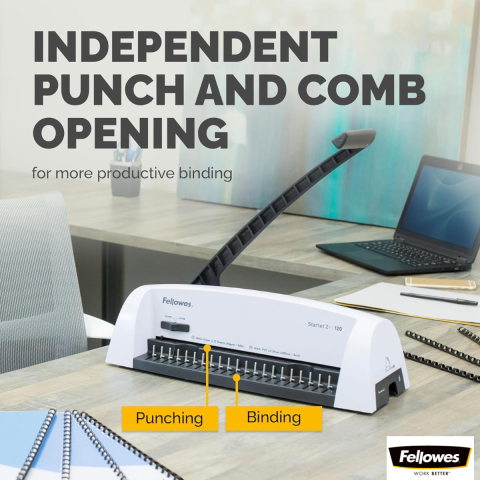 Aparat indosariat manual, Fellowes Starlet 2+ A4, cu inele din plastic, diametru maxim spirala 16 mm, capacitate indosariere 120 foi, perforare 12 coli, pentru acasa si birou [2]