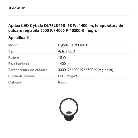 Aplica LED Cybele DL75L041B, 18 W, 1400 lm, temperatura de culoare reglabila 3000 K / 4000 K / 6500 K, negru [2]
