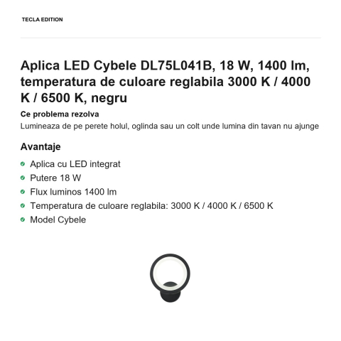 Aplica LED Cybele DL75L041B, 18 W, 1400 lm, temperatura de culoare reglabila 3000 K / 4000 K / 6500 K, negru [1]