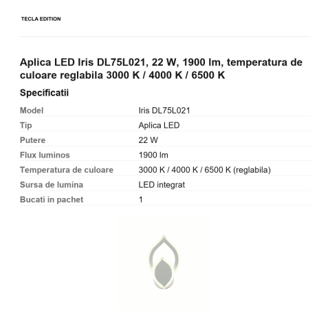 Aplica LED Iris DL75L021, 22 W, 1900 lm, temperatura de culoare reglabila 3000 K / 4000 K / 6500 K [2]