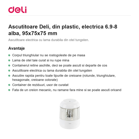 Ascutitoare Deli, din plastic, electrica 6.9-8 alba, 95x75x75 mm [1]