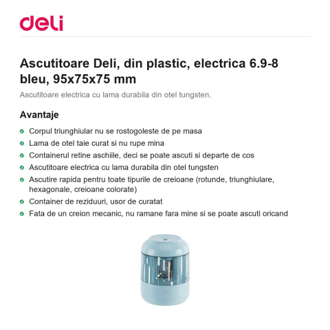 Ascutitoare Deli, din plastic, electrica 6.9-8 bleu, 95x75x75 mm [1]