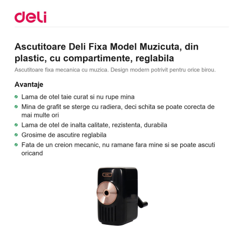 Ascutitoare Deli Fixa Model Muzicuta, din plastic, cu compartimente, reglabila [1]