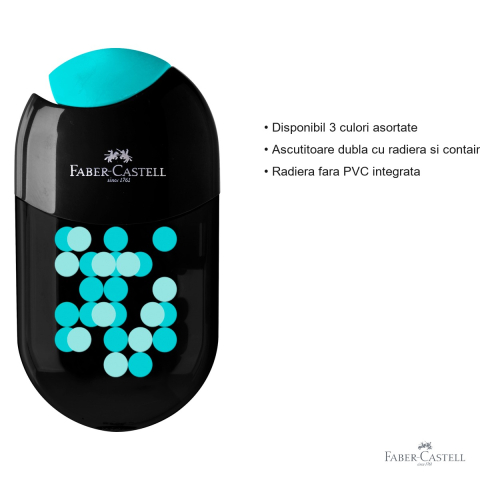 Ascutitoare dubla Faber-Castell Two Tone, cu radiera si container, pentru creioane standard si jumbo, culori asortate [2]