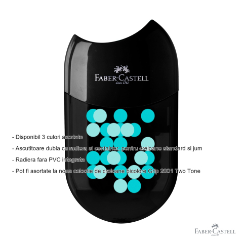 Ascutitoare dubla Faber-Castell Two Tone, cu radiera si container, pentru creioane standard si jumbo, culori asortate [1]
