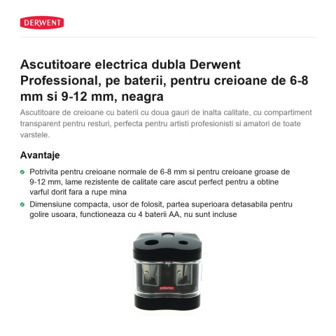 Ascutitoare electrica dubla Derwent Professional, pe baterii, pentru creioane de 6-8 mm si 9-12 mm, neagra [1]