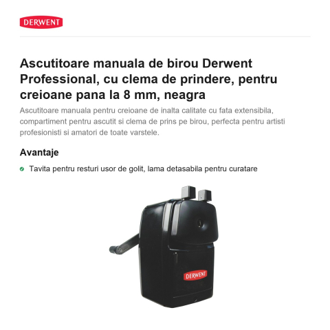 Ascutitoare manuala de birou Derwent Professional, cu clema de prindere, pentru creioane pana la 8 mm, neagra [1]