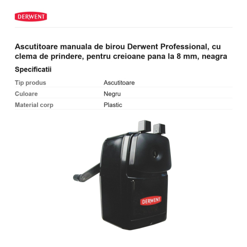 Ascutitoare manuala de birou Derwent Professional, cu clema de prindere, pentru creioane pana la 8 mm, neagra [2]