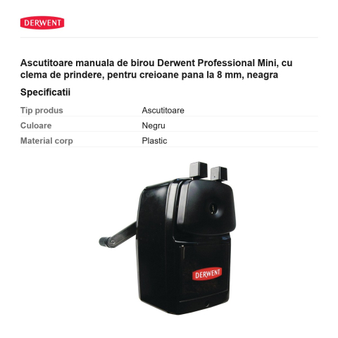 Ascutitoare manuala de birou Derwent Professional Mini, cu clema de prindere, pentru creioane pana la 8 mm, neagra [2]