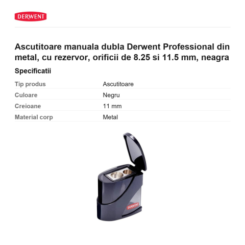 Ascutitoare manuala dubla Derwent Professional din metal, cu rezervor, orificii de 8.25 si 11.5 mm, neagra [2]