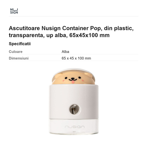 Ascutitoare Nusign Container Pop, din plastic, transparenta, up alba, 65x45x100 mm [2]