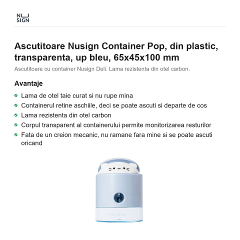 Ascutitoare Nusign Container Pop, din plastic, transparenta, up bleu, 65x45x100 mm [1]