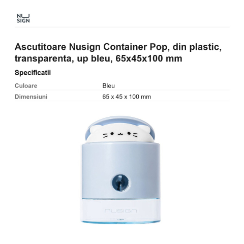 Ascutitoare Nusign Container Pop, din plastic, transparenta, up bleu, 65x45x100 mm [2]