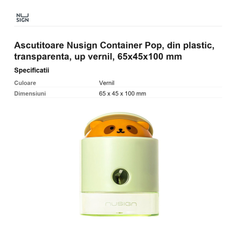 Ascutitoare Nusign Container Pop, din plastic, transparenta, up vernil, 65x45x100 mm [2]