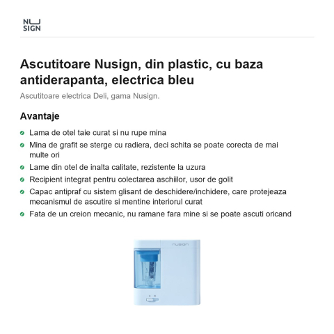 Ascutitoare Nusign, din plastic, cu baza antiderapanta, electrica bleu [1]