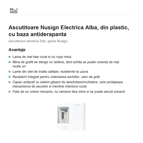 Ascutitoare Nusign Electrica Alba, din plastic, cu baza antiderapanta [1]