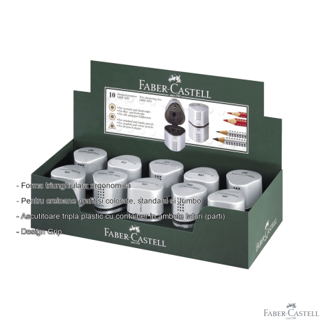 Ascutitoare tripla Faber-Castell Grip 2001, forma triunghiulara ergonomica, cu container, pentru creioane grafit si colorate [1]