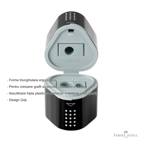 Ascutitoare tripla Faber-Castell Grip 2001, forma triunghiulara ergonomica, cu container, pentru creioane grafit si colorate [1]