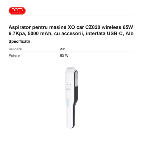 Aspirator pentru masina XO car CZ020 wireless 65W 6.7Kpa, 5000 mAh, cu accesorii, interfata USB-C, Alb [2]