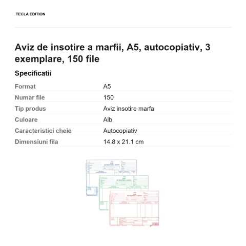 Aviz de insotire a marfii, A5, autocopiativ, 3 exemplare, 150 file [2]