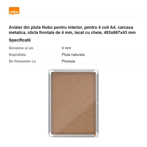 Avizier din pluta Nobo pentru interior, pentru 4 coli A4, carcasa metalica, sticla frontala de 4 mm, lacat cu cheie, 493x667x43 mm [2]