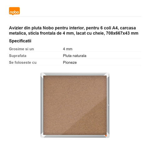 Avizier din pluta Nobo pentru interior, pentru 6 coli A4, carcasa metalica, sticla frontala de 4 mm, lacat cu cheie, 708x667x43 mm [2]