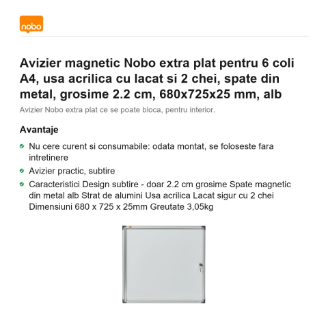 Avizier magnetic Nobo extra plat pentru 6 coli A4, usa acrilica cu lacat si 2 chei, spate din metal, grosime 2.2 cm, 680x725x25 mm, alb [1]