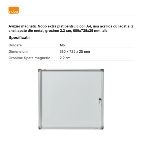 Avizier magnetic Nobo extra plat pentru 6 coli A4, usa acrilica cu lacat si 2 chei, spate din metal, grosime 2.2 cm, 680x725x25 mm, alb [2]