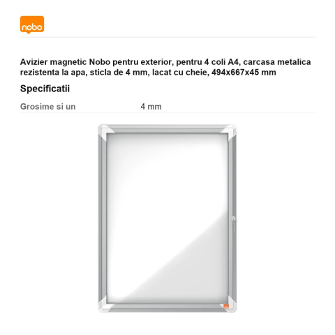 Avizier magnetic Nobo pentru exterior, pentru 4 coli A4, carcasa metalica rezistenta la apa, sticla de 4 mm, lacat cu cheie, 494x667x45 mm [2]