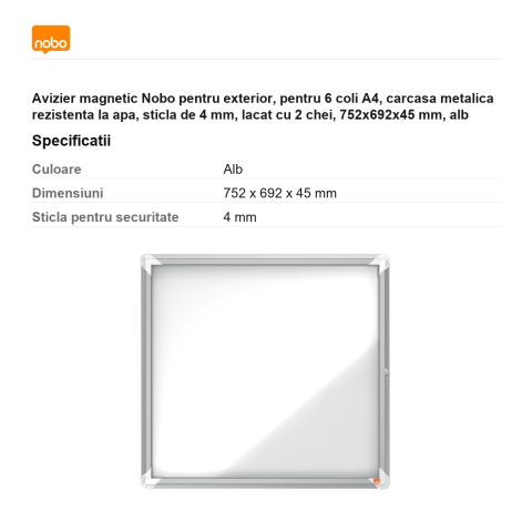 Avizier magnetic Nobo pentru exterior, pentru 6 coli A4, carcasa metalica rezistenta la apa, sticla de 4 mm, lacat cu 2 chei, 752x692x45 mm, alb [2]