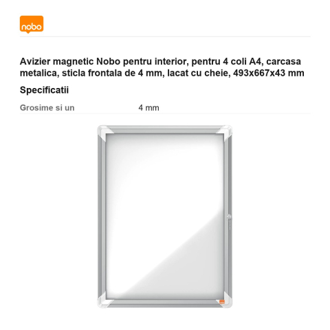 Avizier magnetic Nobo pentru interior, pentru 4 coli A4, carcasa metalica, sticla frontala de 4 mm, lacat cu cheie, 493x667x43 mm [2]