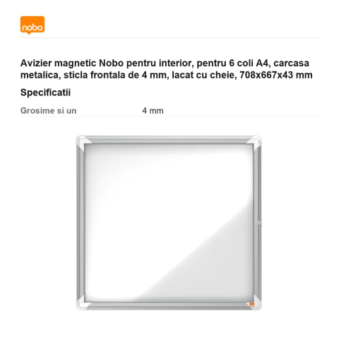 Avizier magnetic Nobo pentru interior, pentru 6 coli A4, carcasa metalica, sticla frontala de 4 mm, lacat cu cheie, 708x667x43 mm [2]