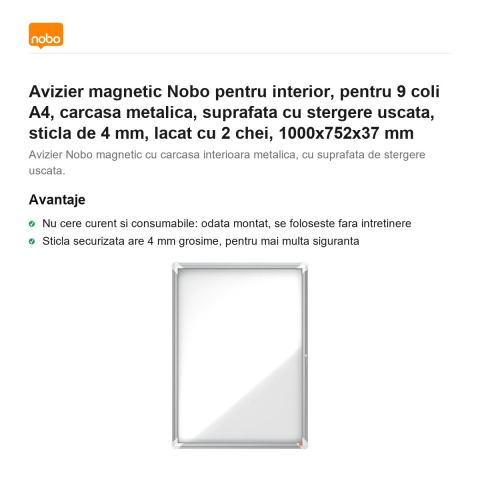 Avizier magnetic Nobo pentru interior, pentru 9 coli A4, carcasa metalica, suprafata cu stergere uscata, sticla de 4 mm, lacat cu 2 chei, 1000x752x37 mm [1]