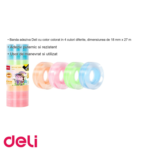 Banda adeziva cu cotor colorat Deli, 18 mm x 27 m, adeziv puternic, pentru birou si uz general [2]