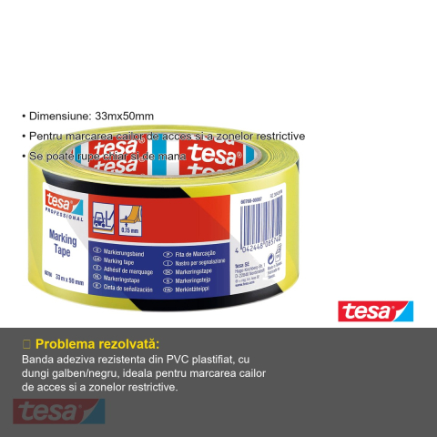 BANDA ADEZIVA MARCARE GALBEN/NEGRU 33M 50MM TESA [2]