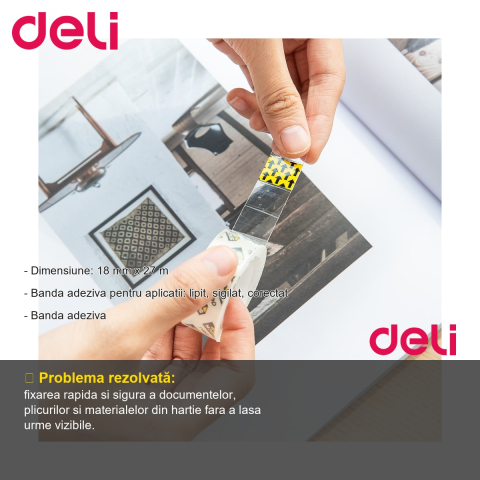 Banda adeziva Deli 18mm x 27m, transparenta, pentru lipit, sigilat si corectat documente [1]
