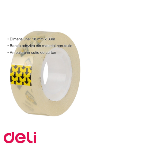 Banda adeziva Deli 18mm x 33m, non-toxica, ambalata in cutie de carton, pentru birou si uz general [2]