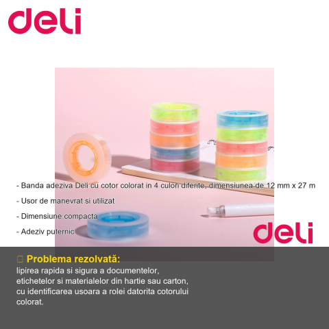 Banda adeziva Deli cu cotor color, 12mm x 27m, adeziv puternic, pentru birou si uz general [1]