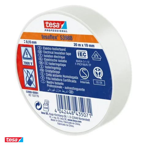 Bricolaj - Banda adeziva electroizolatoare Tesa 53988 din PVC cu adeziv pe baza de cauciuc, pentru izolarea cablurilor, 20 m x 19 mm, alba