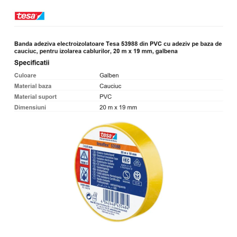 Banda adeziva electroizolatoare Tesa 53988 din PVC cu adeziv pe baza de cauciuc, pentru izolarea cablurilor, 20 m x 19 mm, galbena [2]