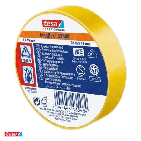 Bricolaj - Banda adeziva electroizolatoare Tesa 53988 din PVC cu adeziv pe baza de cauciuc, pentru izolarea cablurilor, 20 m x 19 mm, galbena