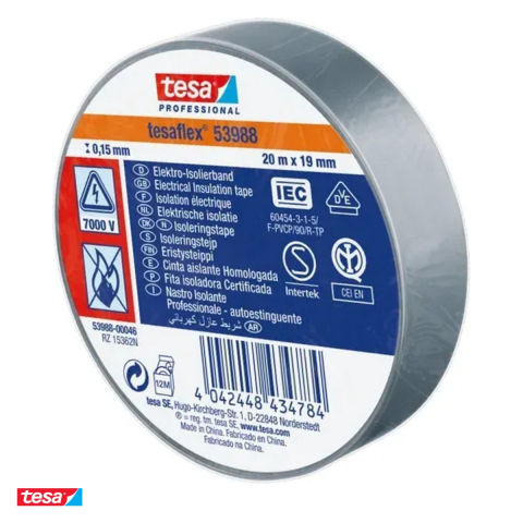 Bricolaj - Banda adeziva electroizolatoare Tesa 53988 din PVC cu adeziv pe baza de cauciuc, pentru izolarea cablurilor, 20 m x 19 mm, gri