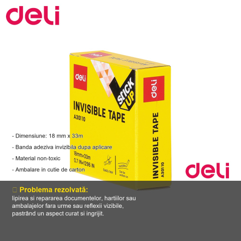 Banda adeziva invizibila Deli, 18 mm x 33 m, non-toxica, pentru birou si uz casnic [1]