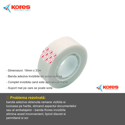 Banda adeziva invizibila Kores, mat si inscriptibila, 19mm x 33m, pentru birou si acasa [1]