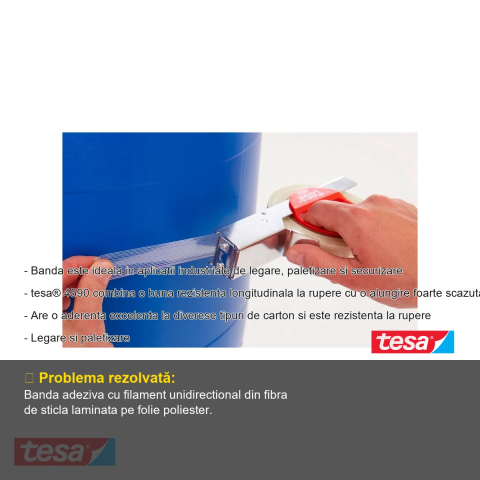 Banda adeziva monofilament Tesa 4590, rezistenta la rupere, 50m x 50mm, pentru legare si paletizare industriala [1]