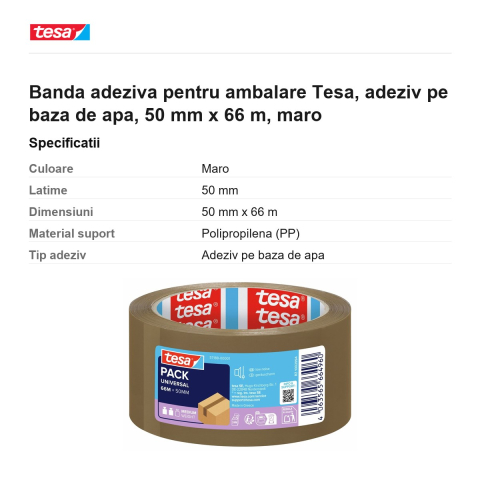 Banda adeziva pentru ambalare Tesa, adeziv pe baza de apa, 50 mm x 66 m, maro [2]