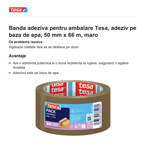 Banda adeziva pentru ambalare Tesa, adeziv pe baza de apa, 50 mm x 66 m, maro [1]