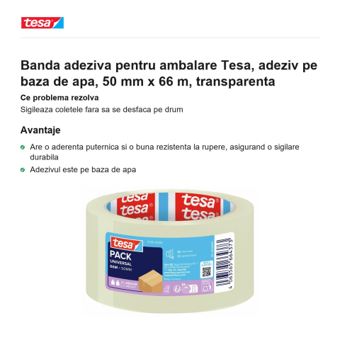 Banda adeziva pentru ambalare Tesa, adeziv pe baza de apa, 50 mm x 66 m, transparenta [1]
