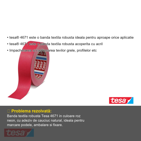 Banda adeziva textila roz neon Tesa 4671, rezistenta si maleabila, pentru marcare si ambalare, 25m x 25mm [2]